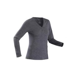 Koszulka trekkingowa - TRAVEL 500 MERINO damska. Niebieskie koszulki damskie FORCLAZ, s, bez wzorów, z wełny, bez kołnierzyka, bez rękawów. Za 159,99 zł.