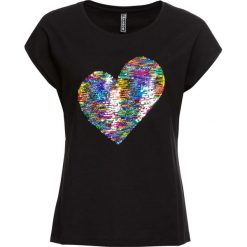 T-shirt z cekinami bonprix czarny. Czarne t-shirty damskie bonprix, z aplikacjami, z okrągłym kołnierzem. Za 64,99 zł.