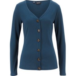 Shirt z długim rękawem w prążek, z plisą guzikową bonprix ciemnoniebieski. Niebieskie koszulki damskie bonprix, bez wzorów, bez kołnierzyka, z długim rękawem. Za 37,99 zł.