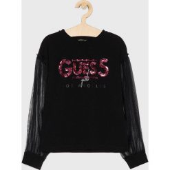 Guess Jeans - Bluzka dziecięca 118-175 cm. Czarne bluzki dziewczęce Guess Jeans, z aplikacjami, z elastanu, z okrągłym kołnierzem, z długim rękawem, długie, bez kaptura. Za 129,90 zł.