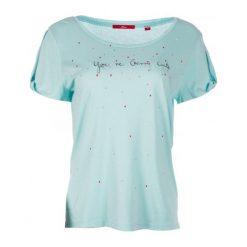 S.Oliver T-Shirt Damski 36 Turkusowy. Niebieskie koszulki damskie marki S.Oliver, na co dzień, s, z nadrukiem, z materiału, bez kołnierzyka, bez rękawów. W wyprzedaży za 81,00 zł.