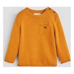Mango Kids - Sweter dziecięcy Scoty 80-104 cm. Żółte swetry chłopięce Mango Kids, bez wzorów, z bawełny, z okrągłym kołnierzem. Za 59,90 zł.