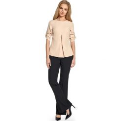 Beżowa Trapezowa Bluzka z Podpiętymi Rękawami. Brązowe bluzki damskie Molly.pl, s, bez wzorów, eleganckie, bez kołnierzyka, z krótkim rękawem. Za 99,90 zł.