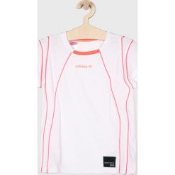 Adidas Originals - Top dziecięcy 128-170 cm. Białe bluzki dziewczęce adidas Originals, z nadrukiem, z bawełny, z okrągłym kołnierzem, z krótkim rękawem, krótkie, bez kaptura. W wyprzedaży za 59,90 zł.