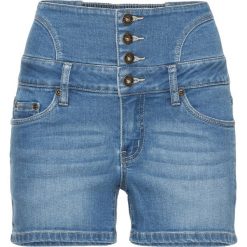 Szorty dżinsowe z wysoką talią bonprix niebieski "bleached”. Niebieskie jeansy damskie bonprix. Za 89,99 zł.