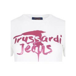 T-shirt Trussardi Jeans. Niebieskie koszulki damskie Trussardi Jeans, na co dzień, bez wzorów, z jeansu, z włoskim kołnierzykiem, bez rękawów. Za 189,00 zł.