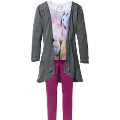 Swetry dziewczęce: Shirt, kardigan + legginsy (3 części) bonprix biel wełny – dymny szary – fioletowy