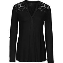 Shirt henley z koronkową wstawką bonprix czarny. Czarne koszulki damskie bonprix, bez wzorów, z koronki, z dekoltem w serek. Za 54,99 zł.