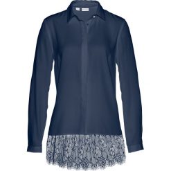 Bluzka z koronką bonprix ciemnoniebieski. Niebieskie bluzki damskie bonprix, w koronkowe wzory, z koronki, bez kołnierzyka, bez rękawów. Za 109,99 zł.