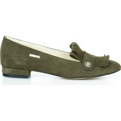 Nubukowe balerinki z frędzlami - skóra naturalna - model 046 - kolor oliwka. Szare baleriny damskie Zapato, bez wzorów, z jeansu, klasyczne, bez obcasa, na obcasie. W wyprzedaży za 179,40 zł.