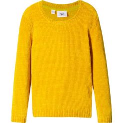 Sweter dzianinowy z szenili bonprix ciemnożółty. Żółte swetry dziewczęce bonprix, bez wzorów, z dzianiny, bez kołnierzyka, bez rękawów, bez kaptura. Za 69,99 zł.