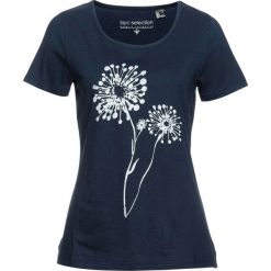 T-shirt bonprix ciemnoniebieski. Niebieskie t-shirty damskie bonprix, z nadrukiem, bez kołnierzyka. Za 34,99 zł.