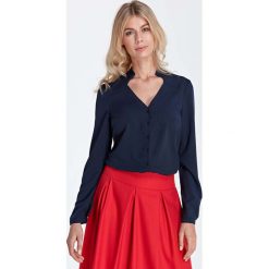 Bluzki damskie: Granatowa Elegancka Bluzka z Ozdobnym Dekoltem