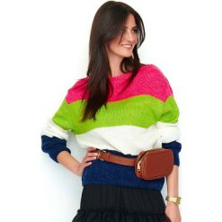 Malinowo-Granatowy Sweter w Kolorowe Paski z Łódkowym Dekoltem. Niebieskie swetry dziewczęce Molly.pl, w paski, bez kołnierzyka, bez rękawów, bez kaptura. Za 149,90 zł.