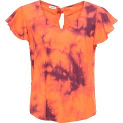 Shirt z wiązanym paskiem bonprix pomarańczowo-lila z nadrukiem. Pomarańczowe koszulki damskie bonprix, z nadrukiem, bez kołnierzyka. Za 69,99 zł.