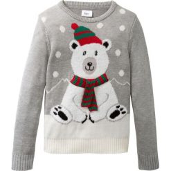 Sweter dzianinowy z zimowym motywem bonprix jasnoszary melanż. Szare swetry dziewczęce bonprix, z aplikacjami, z dzianiny, z okrągłym kołnierzem, bez rękawów, długie, bez kaptura. Za 32,99 zł.