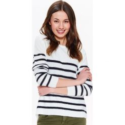 SWETER DAMSKI W PASKI, Z SUWAKIEM NA PLECACH. Białe swetry damskie TROLL, na lato, s, w paski, z dzianiny, eleganckie, bez rękawów, bez kaptura. W wyprzedaży za 39,99 zł.