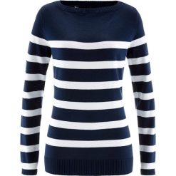 Sweter z dekoltem w łódkę, długi rękaw bonprix ciemnoniebiesko-biały w paski. Niebieskie swetry klasyczne damskie bonprix, z dzianiny, z dekoltem w łódkę. Za 74,99 zł.