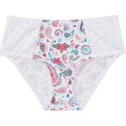 Figi z wysoką talią bonprix biały z nadrukiem. Białe majtki damskie bonprix, z koronki. Za 37,99 zł.