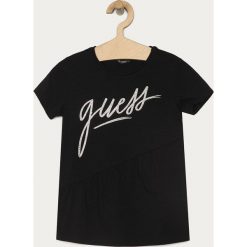 Guess Jeans - T-shirt dziecięcy 116-175 cm. Czarne bluzki dziewczęce Guess Jeans, z aplikacjami, z elastanu, z okrągłym kołnierzem, z krótkim rękawem, krótkie, bez kaptura. Za 119,90 zł.