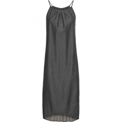 Sukienka z materiału w optyce denimiu bonprix czarny denim. Czarne sukienki damskie bonprix, bez wzorów, z denimu, z asymetrycznym kołnierzem, bez rękawów, asymetryczne. Za 109,99 zł.