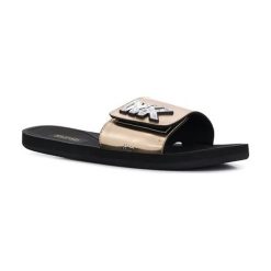 Klapki w kolorze czarno-złotym. Żółte klapki damskie Michael Kors, Guess, bez wzorów, bez obcasa. W wyprzedaży za 209,95 zł.