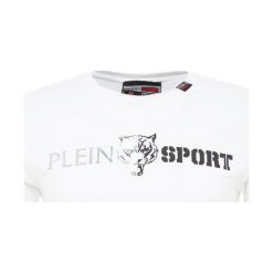 Plein Sport ROUND NECK BASIC Tshirt z nadrukiem white/black. Białe koszulki męskie Plein Sport, xl, z nadrukiem, z elastanu, sportowe, bez kołnierzyka, bez rękawów. Za 649,00 zł.