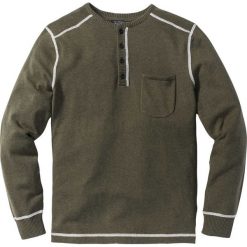 Sweter Regular Fit bonprix ciemnooliwkowy melanż. Zielone swetry klasyczne męskie bonprix, m, melanż, z kontrastowym kołnierzykiem. Za 59,99 zł.