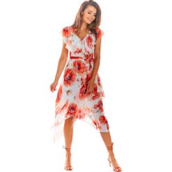 Sukienka szyfonowa w kwiaty ecru. Sukienki damskie e-margeritka.pl, xl, w kwiaty, z szyfonu, eleganckie, bez rękawów, bez kaptura. Za 174,99 zł.