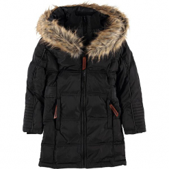 Płaszcz zimowy w kolorze czarnym. Czarne płaszcze dziewczęce Geographical Norway Kids & Women, na zimę, z aplikacjami, prążkowane. W wyprzedaży za 346,95 zł.