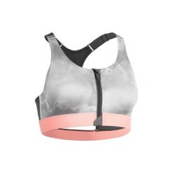 Stanik fitness cardio 900 ZIP szary z nadrukiem. Niebieskie buty sportowe damskie DOMYOS, z nadrukiem, z elastanu, na fitness i siłownię. Za 79,99 zł.