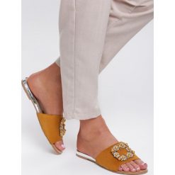 Żółte Klapki Subtle Gleam. Żółte klapki damskie Renee, w paski, bez obcasa, na płaskiej podeszwie. Za 49,99 zł.
