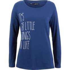 Shirt bawełniany z przędzy mieszankowej, długi rękaw bonprix kobaltowy z nadrukiem. Niebieskie koszulki damskie bonprix, z nadrukiem, z bawełny, bez kołnierzyka. Za 21,99 zł.