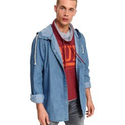 Koszula okryciowa z denimu. Niebieskie koszule męskie Top Secret, na zimę, m, bez wzorów, z jeansu, eleganckie, z kapturem, bez rękawów. W wyprzedaży za 49,99 zł.