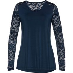 Shirt z koronką bonprix ciemnoniebieski. Niebieskie koszulki damskie bonprix, w koronkowe wzory, z koronki, bez kołnierzyka, bez rękawów. Za 89,99 zł.