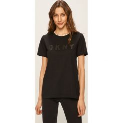 Dkny - T-shirt. Czarne bluzki damskie DKNY, s, z aplikacjami, z elastanu, z okrągłym kołnierzem. Za 249,90 zł.