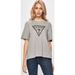 Guess Jeans - T-shirt. Szare bluzki damskie Guess Jeans, s, z nadrukiem, z bawełny, z okrągłym kołnierzem. Za 139,90 zł.