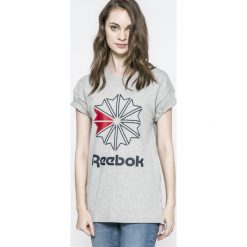 Reebok Classic - Top. Szare topy sportowe damskie Reebok Classic, l, z nadrukiem, z bawełny, z krótkim rękawem. W wyprzedaży za 59,90 zł.
