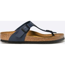 Birkenstock - Japonki. Niebieskie klapki damskie Birkenstock, bez wzorów, ze skóry, bez obcasa, na płaskiej podeszwie. W wyprzedaży za 239,90 zł.