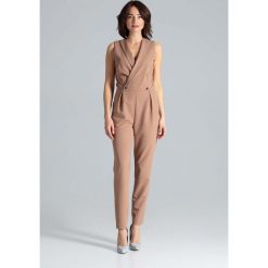 Brązowy Elegancki Kombinezon z Guzikami. Pomarańczowe kombinezony damskie Molly.pl, do pracy, s, bez wzorów, eleganckie, z wykładanym kołnierzem, z długim rękawem, długie. Za 204,90 zł.