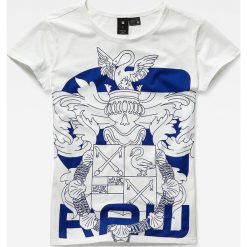 G-Star Raw - Top. Białe bluzki damskie G-Star RAW, s, z nadrukiem, z bawełny, retro, z okrągłym kołnierzem, z krótkim rękawem. W wyprzedaży za 139,90 zł.