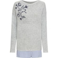 Sweter z haftem i koszulową wstawką bonprix jasnoszary melanż. Szare swetry damskie bonprix, z haftami, bez rękawów, bez kaptura. Za 109,99 zł.