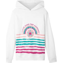 Bluza z kapturem bonprix biały z nadrukiem. Białe bluzy dziewczęce bonprix, z nadrukiem, sportowe, bez rękawów, z kapturem. Za 54,99 zł.