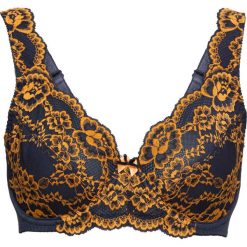 Biustonosz minimizer na fiszbinach bonprix ciemnoniebiesko-musztardowy. Niebieskie biustonosze bonprix, w koronkowe wzory, z koronki. Za 54,99 zł.