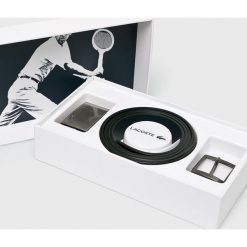 Lacoste - Pasek skórzany. Czarne paski męskie marki Lacoste, w paski, ze skóry. Za 439,90 zł.