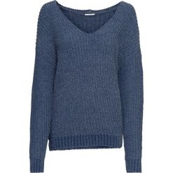 Sweter z szenili bonprix indygo. Niebieskie swetry klasyczne damskie bonprix, z dekoltem w serek. Za 79,99 zł.