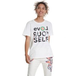 Desigual Love Your Self Koszulka Biały. Białe koszulki damskie Desigual, xs, z nadrukiem, z bawełny, bez kołnierzyka, z krótkim rękawem. Za 223,95 zł.