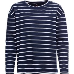 Bluza dresowa w paski bonprix ciemnoniebiesko-biały w paski. Niebieskie bluzy damskie bonprix, z dresówki, bez kaptura. Za 59,99 zł.