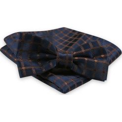 Granatowo-Brązowa Mucha Męska -ALTIES- z Taką Samą Poszetką, w Kratkę MUALTS0535. Niebieskie muszki męskie Alties, na imprezę, w paski, eleganckie. Za 39,00 zł.