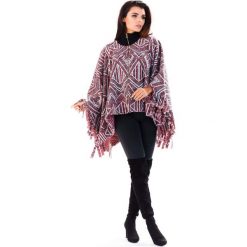 Bordowe Wzorzyste Ponczo z Frędzlami Zapinane na Suwak. Czerwone poncza damskie Molly.pl, s, bez wzorów, z dzianiny, bez rękawów, bez kaptura. Za 129,90 zł.